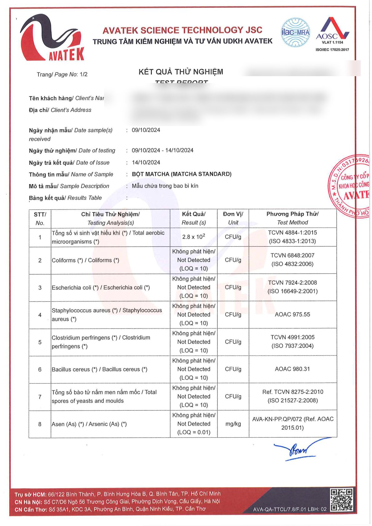 Phiếu kiểm nghiệm AVATEK